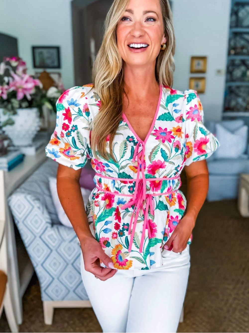 Embroidered Floral Tie-Front V-Neck Blouse - Pink & Multicolor